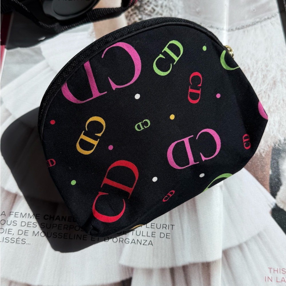 Vintage Christian Dior Black Cosmetic Pouch with Multicolor Logo